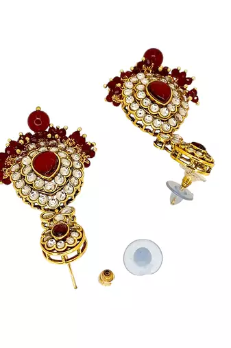 Gold plated kundan maroon double line long  necklace maang tikka set