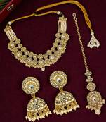 Gold plated jaipuri white kundan bridal necklace maang tikka set