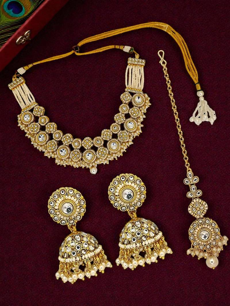 Gold plated jaipuri white kundan bridal necklace maang tikka set