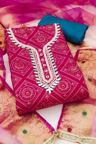 Pink hand embroidery cotton semi stitched churidar dress-materials