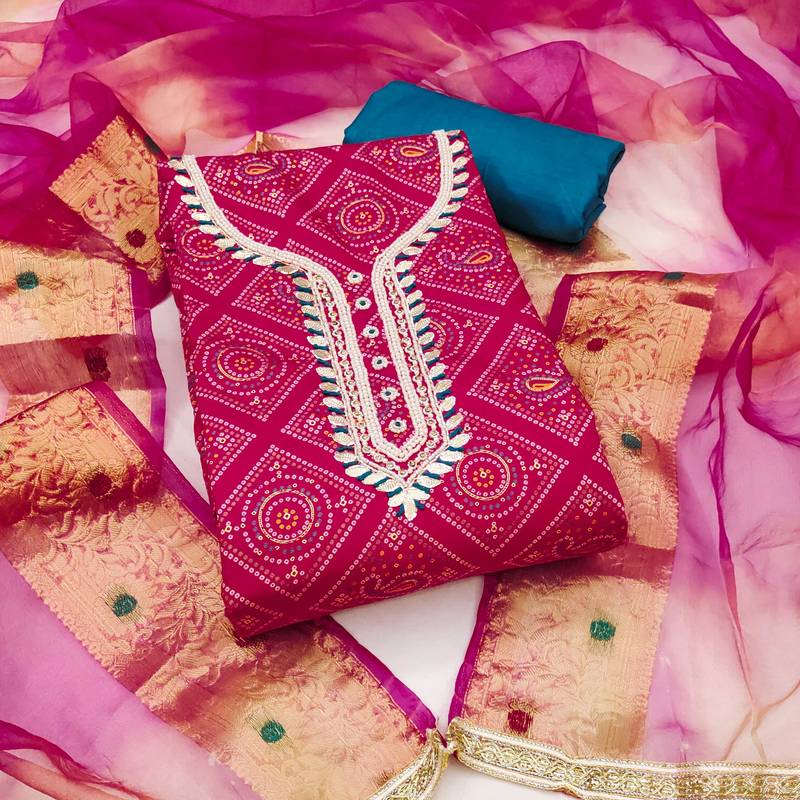 Pink hand embroidery cotton semi stitched churidar dress-materials