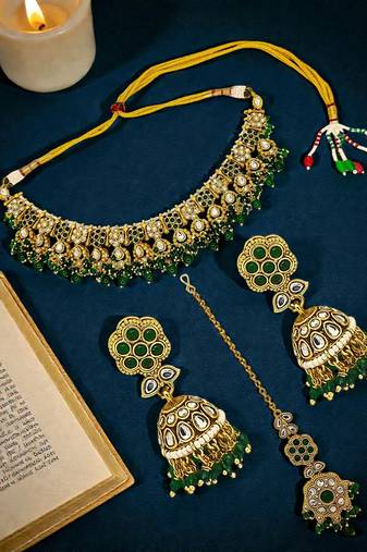 Gold plated jaipuri kundan green necklace maang tikka set