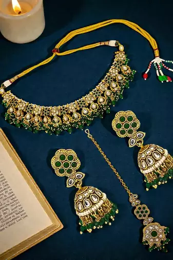 Gold plated jaipuri kundan green necklace maang tikka set