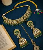Gold plated jaipuri kundan green necklace maang tikka set