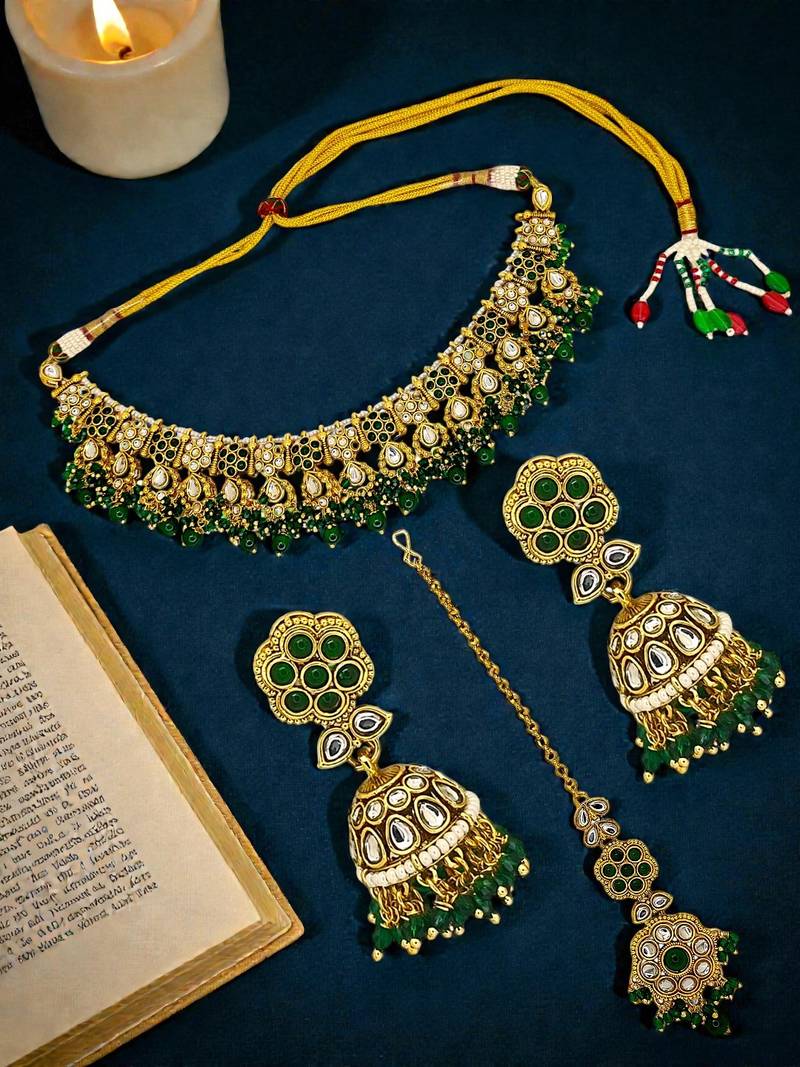 Gold plated jaipuri kundan green necklace maang tikka set