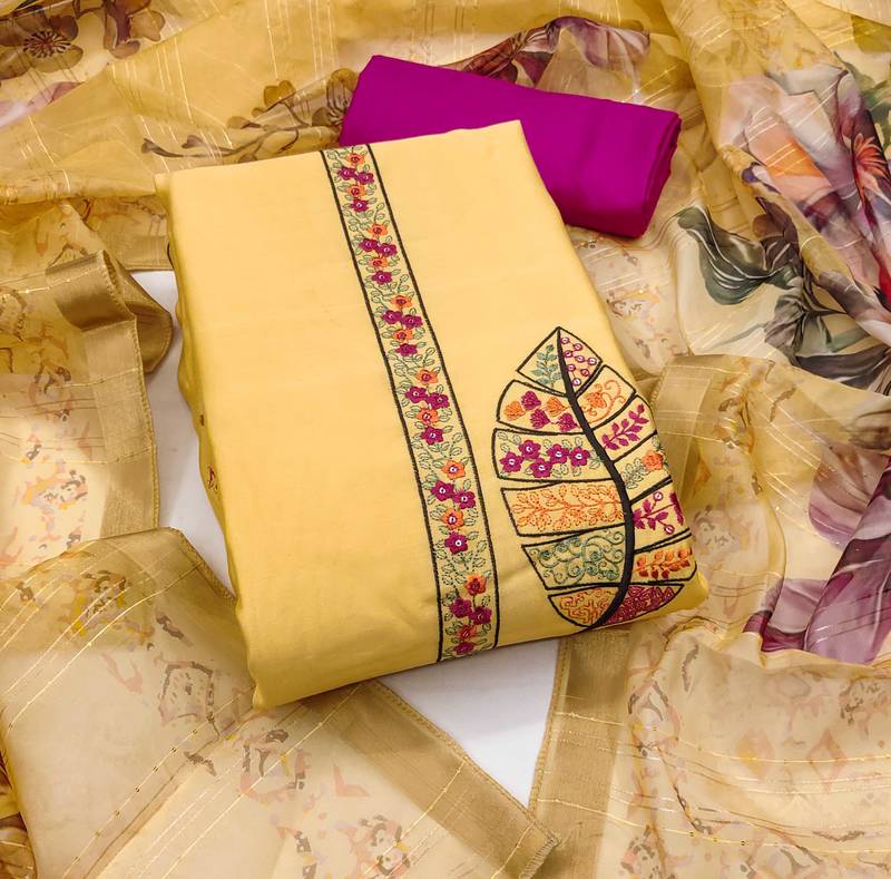 Yellow sequins cotton silk semi stitched churidar dress-materials