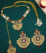 Gold plated kundan maroon jadau peacock necklace maang tikka set