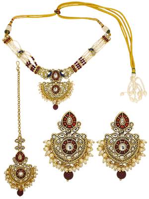 Gold plated kundan maroon jadau peacock necklace maang tikka set 2