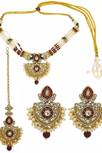 Gold plated kundan maroon jadau peacock necklace maang tikka set