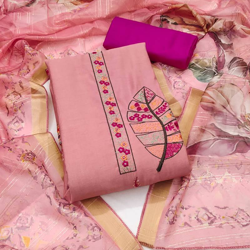 Baby-pink sequins cotton silk semi stitched churidar dress-materials