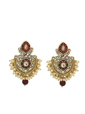 Gold plated kundan maroon jadau peacock necklace maang tikka set 4