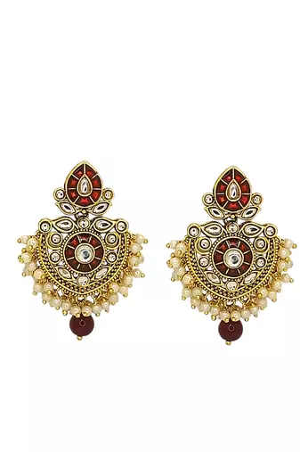 Gold plated kundan maroon jadau peacock necklace maang tikka set