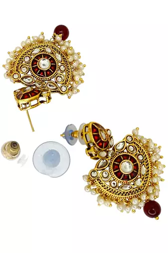 Gold plated kundan maroon jadau peacock necklace maang tikka set