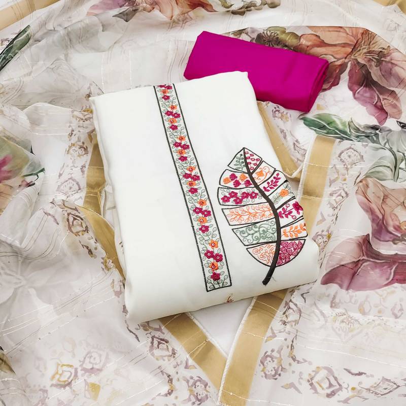 White sequins cotton silk semi stitched churidar dress-materials