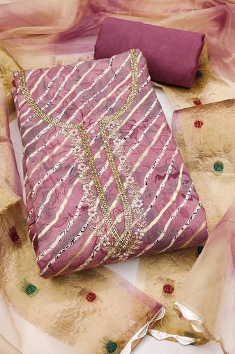 Lavender hand embroidery cotton semi stitched churidar dress-materials