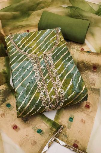 Green hand embroidery cotton semi stitched churidar dress-materials