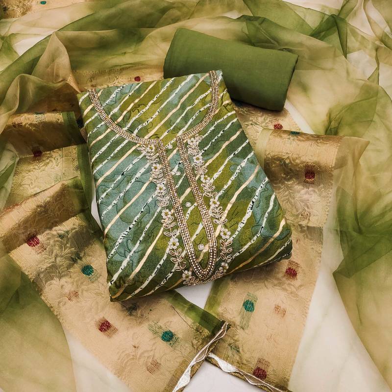 Green hand embroidery cotton semi stitched churidar dress-materials