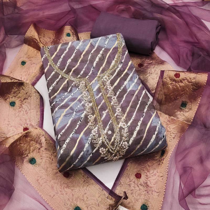 Purple hand embroidery cotton semi stitched churidar dress-materials