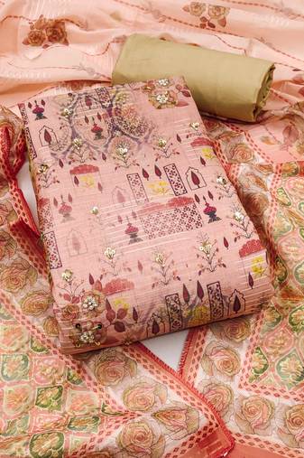 Peach hand embroidery cotton semi stitched churidar dress-materials