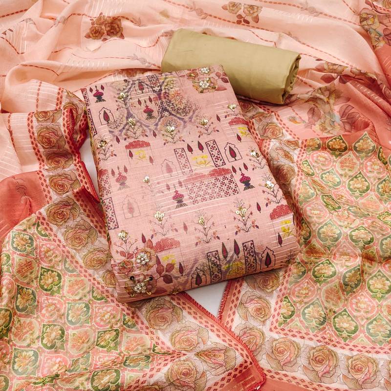 Peach hand embroidery cotton semi stitched churidar dress-materials