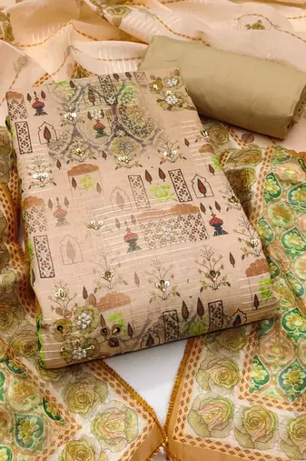 Beige hand embroidery cotton semi stitched churidar dress-materials