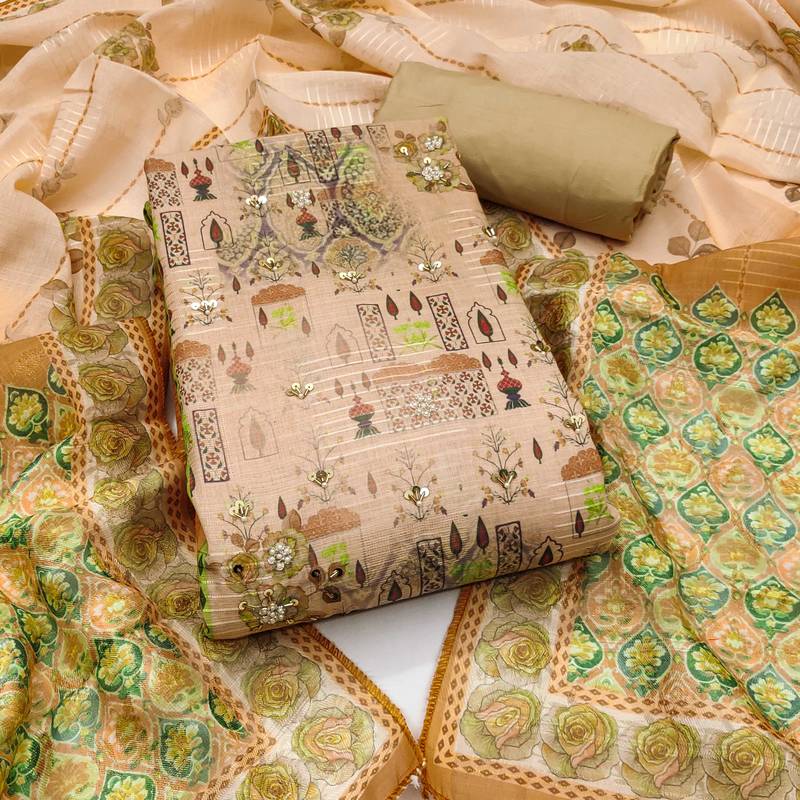 Beige hand embroidery cotton semi stitched churidar dress-materials