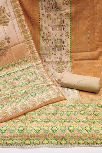 Beige hand embroidery cotton churidar dress-materials
