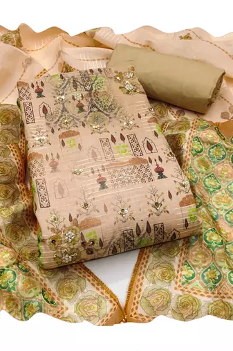 Beige hand embroidery cotton churidar dress-materials