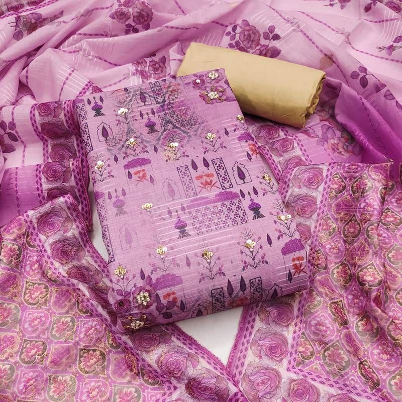 Purple hand embroidery cotton semi stitched churidar dress-materials