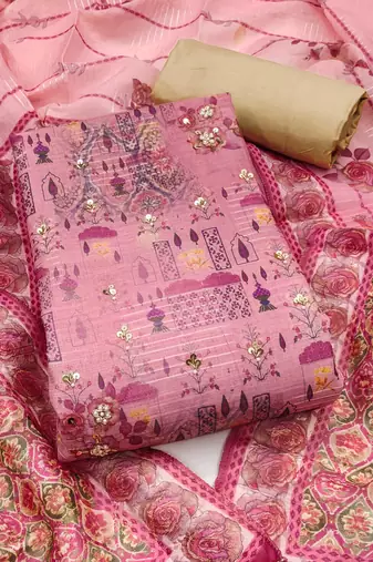 Pink hand embroidery cotton semi stitched churidar dress-materials