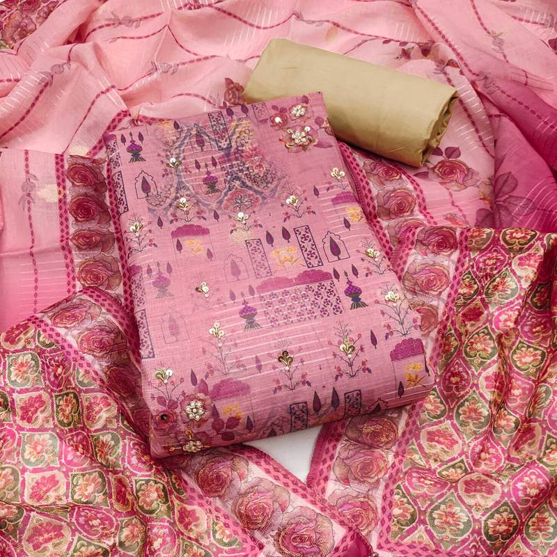 Pink hand embroidery cotton semi stitched churidar dress-materials