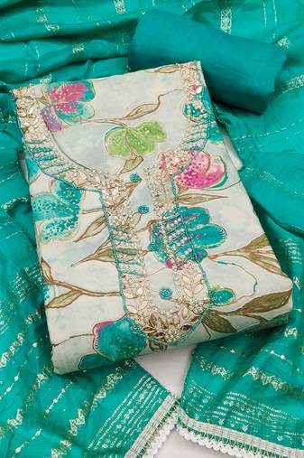 Multicolor hand embroidery cotton semi stitched churidar dress-materials