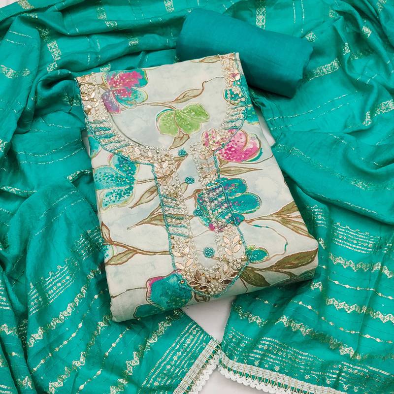 Multicolor hand embroidery cotton semi stitched churidar dress-materials