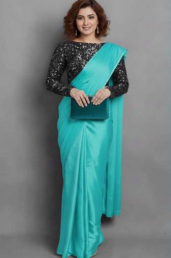 BOLLYWOOD STYLE DESIGNER SATIN SILK SAREE PARTY WEAR SAREE EXCLUSIVE SAREE WITH SEQUENCE WORK SAREE AND BLOUSE