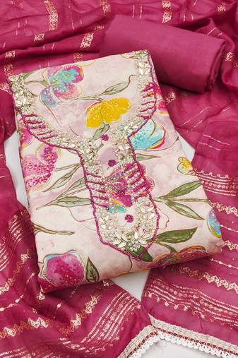 Multicolor hand embroidery cotton semi stitched churidar dress-materials