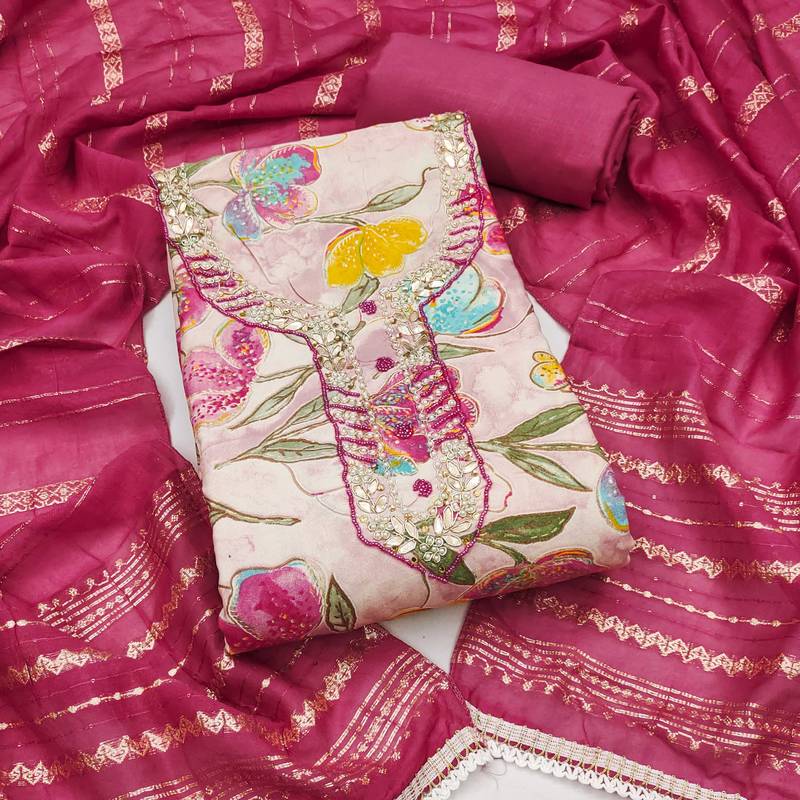 Multicolor hand embroidery cotton semi stitched churidar dress-materials