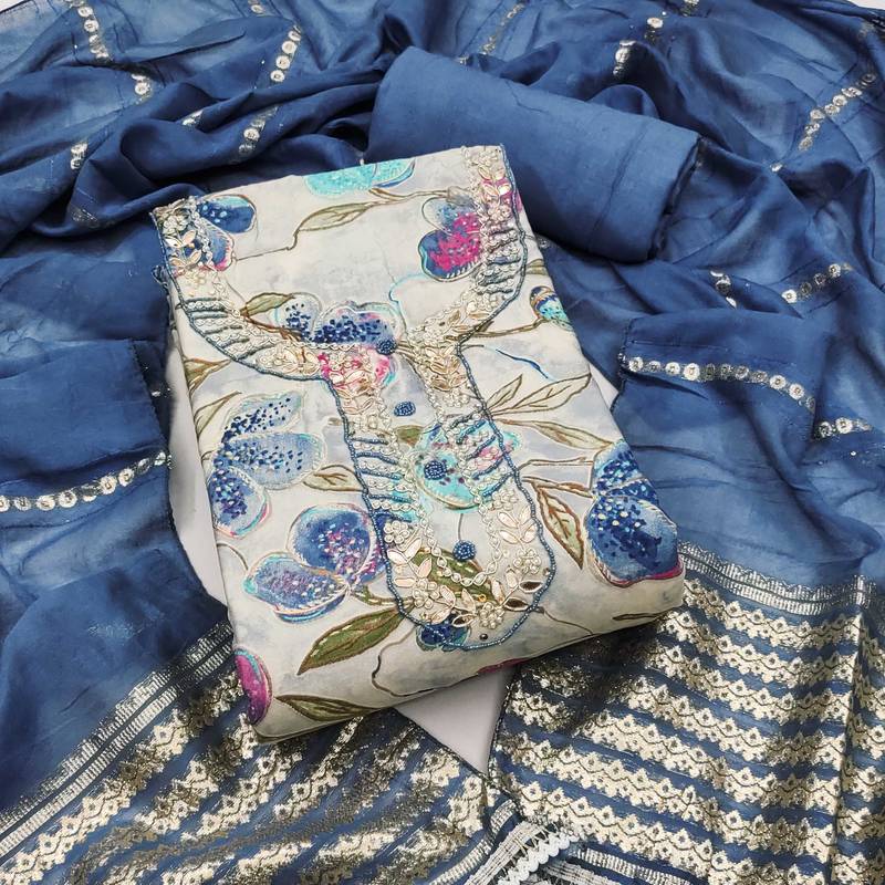 Multicolor hand embroidery cotton semi stitched churidar dress-materials