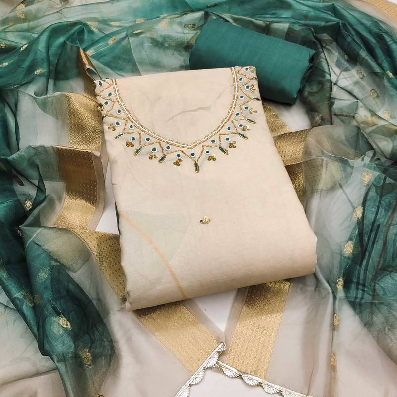 Multicolor hand embroidery cotton semi stitched churidar dress-materials