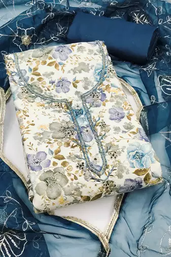 Multicolor hand embroidery cotton semi stitched churidar dress-materials