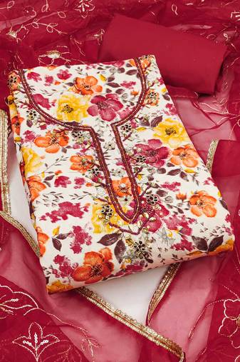 Multicolor hand embroidery cotton semi stitched churidar dress-materials