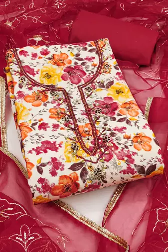 Multicolor hand embroidery cotton semi stitched churidar dress-materials