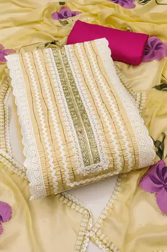 Yellow hand embroidery cotton silk semi stitched churidar dress-materials