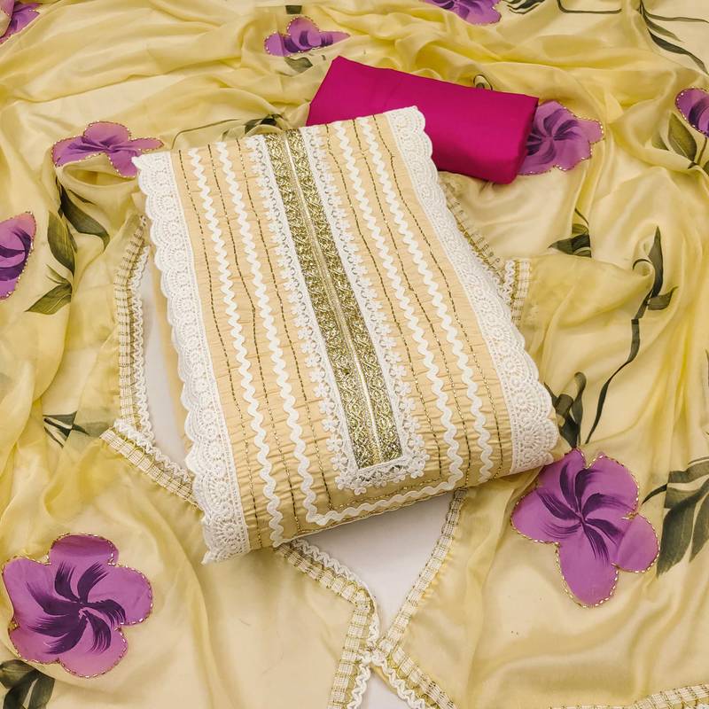 Yellow hand embroidery cotton silk semi stitched churidar dress-materials