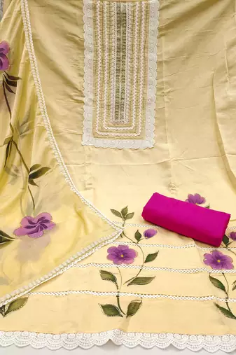 Yellow hand embroidery cotton silk churidar dress-materials