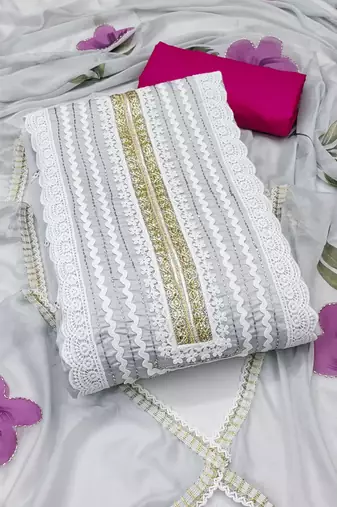 Light-grey hand embroidery cotton silk semi stitched churidar dress-materials