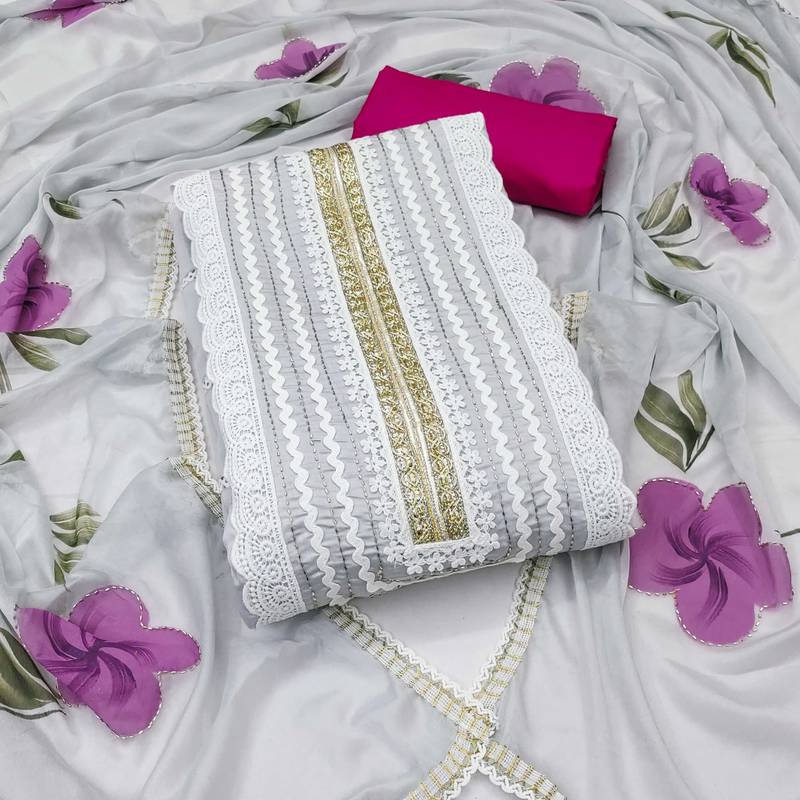 Light-grey hand embroidery cotton silk semi stitched churidar dress-materials