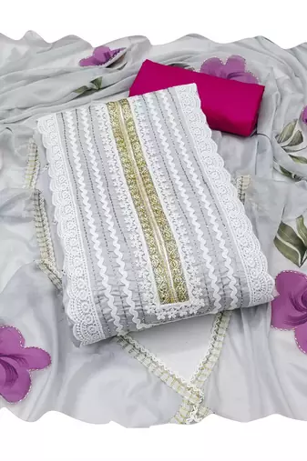 Light-grey hand embroidery cotton silk churidar dress-materials
