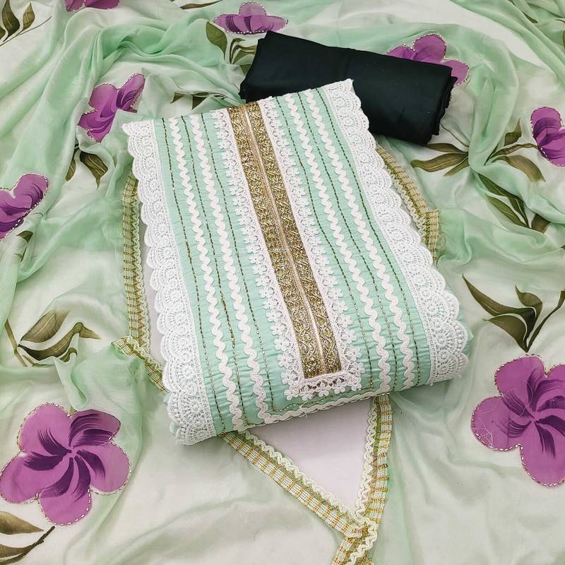 Light-green hand embroidery cotton silk semi stitched churidar dress-materials