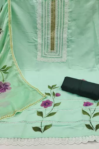 Light-green hand embroidery cotton silk churidar dress-materials