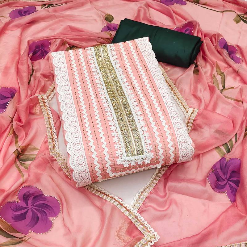 Peach hand embroidery cotton silk semi stitched churidar dress-materials